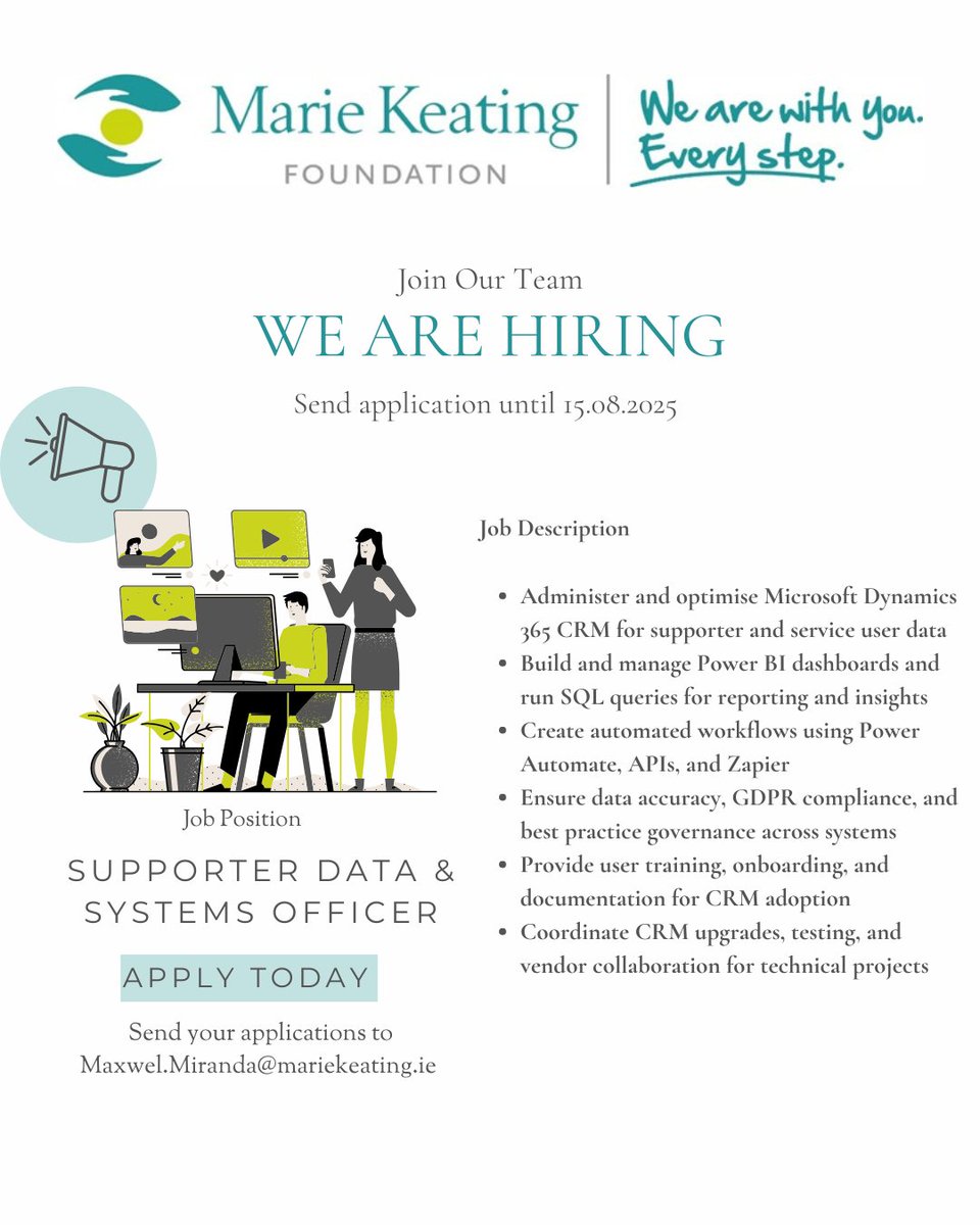 Marie Keating Foundation (@mariekeating) on Twitter photo We are Hiring - Supporter Data & Systems Officer
Learn More:
mariekeating.ie/2025/08/we-are…
To apply, please submit your CV and a cover letter outlining your experience and interest in the role to Maxwel Miranda, Executive HR, at Maxwel.Miranda@mariekeating.ie.
#Hiring We are Hiring - Supporter Data & Systems Officer
Learn More:
mariekeating.ie/2025/08/we-are…
To apply, please submit your CV and a cover letter outlining your experience and interest in the role to Maxwel Miranda, Executive HR, at Maxwel.Miranda@mariekeating.ie.
#Hiring