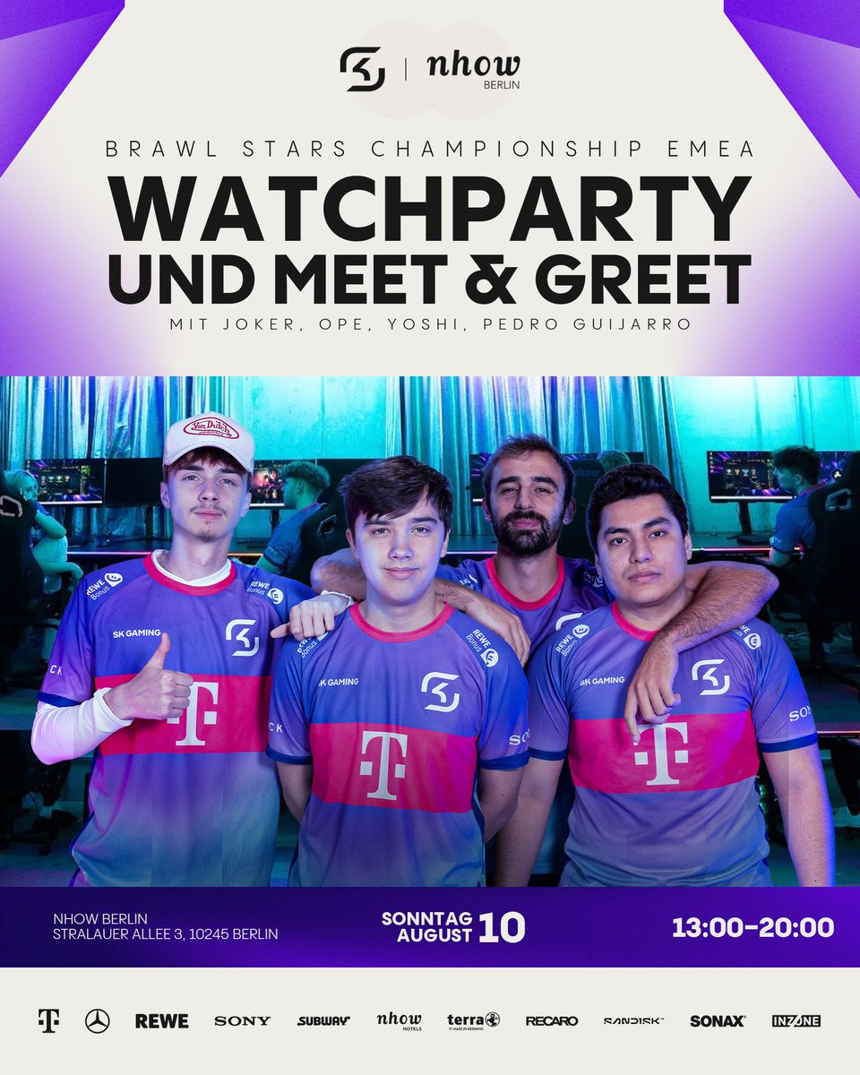 🚀 Berlin People!! 

Am Sonntag gibt’s unsere erste Brawl Stars Watch Party in Berlin (Nhow Hotel) - Meet &amp; Greet mit dem <a href="/SKGaming/">SK Gaming</a> Team inklusive! 

🎟️ Das Basis Ticket is gratis! Also holt eure Freunde ran und seid dabei! 

Getränke und Snacks sind wie immer gratis!  🔥