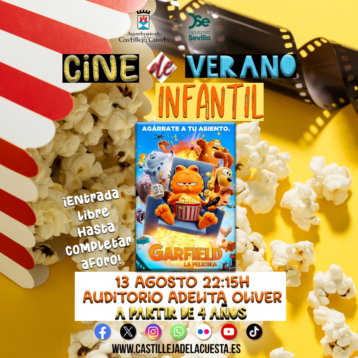 🎥 ¡Vuelve el cine de verano a Castilleja de la Cuesta! 📍 Auditorio Adelita Oliver 📅 Miércoles 13 agosto · ⏰ 22:15h 🍿 Disfruta de Garfield: La película. ¡Diversión para toda la familia!  #ViveElVeranoEnCastilleja