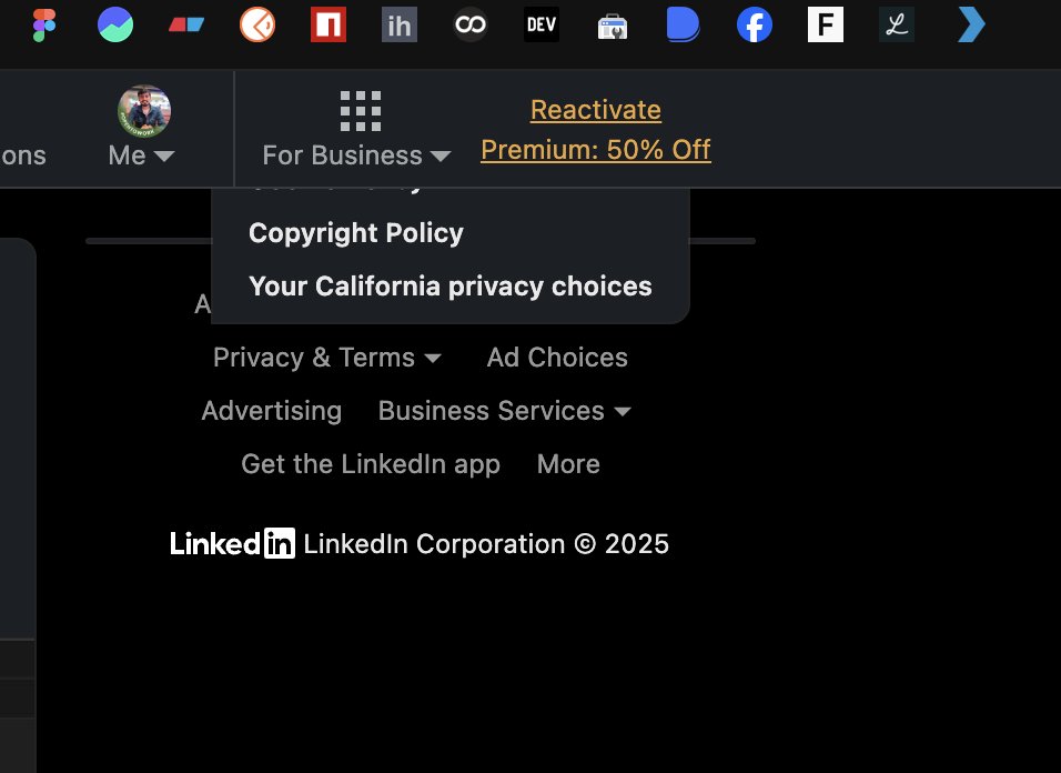 codeguyakash's tweet image. Clicked “Privacy & Terms” on LinkedIn and the menu hiding behind the navbar 😂 This is why you TEST before going live. Maybe
@LinkedIn
should get a @lambdatesting subscription first 📷 #UIUX #FrontendFail #Testing