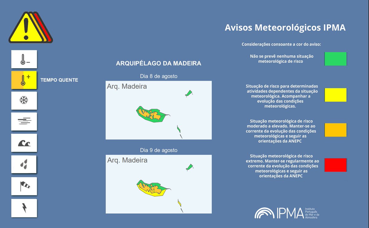 #AvisosMeteorológicos

❗️ Atenção aos Avisos Meteorológicos para Portugal Continental e Madeira

⚠ Conheça os avisos em vigor para hoje, dia 8 e para o dia 9 de agosto de 2025 👇

▶️ Avisos meteorológicos: tinyurl.com/mpw286fm

#InfoIPMA #tempo