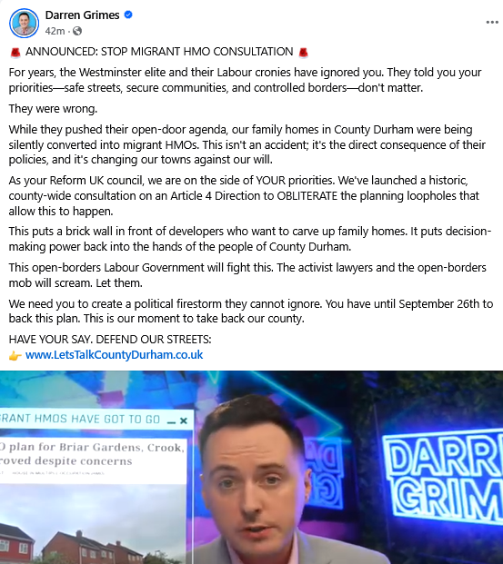 Reform Party UK Exposed 🇬🇧 (@reformexposed) on Twitter photo After its become clear to <a href="/darrengrimes_/">Darren Grimes</a> that there’s no migrant hotels in County Durham, he’s now stirring hate about ‘migrant HMOs’.
There’s no plans to convert houses in to HMOs for migrant use, this has already been made clear.
So he’s basically just hate baiting here. After its become clear to <a href="/darrengrimes_/">Darren Grimes</a> that there’s no migrant hotels in County Durham, he’s now stirring hate about ‘migrant HMOs’.
There’s no plans to convert houses in to HMOs for migrant use, this has already been made clear.
So he’s basically just hate baiting here.