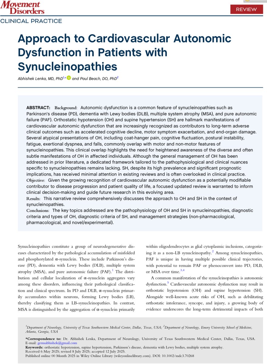 Abhishek Lenka (@abhilenka11) on Twitter photo Delighted to team up with my MAD (Movement & Autonomic Disorder) friend <a href="/PaulBeachDOPhD/">Paul Beach D.O., Ph.D. (he/him)</a> from <a href="/EmoryNeurology/">Emory Neurology Residency</a> on this comprehensive review exploring the approach to cardiovascular autonomic dysfunction in synucleinopathies.
<a href="/MDCP_Journal/">Movement Disorders Clinical Practice</a> <a href="/UTSWNeurology/">UTSW Neurology</a> <a href="/AASAutonomic/">American Autonomic Society</a> <a href="/movedisorder/">MDS</a> Delighted to team up with my MAD (Movement & Autonomic Disorder) friend <a href="/PaulBeachDOPhD/">Paul Beach D.O., Ph.D. (he/him)</a> from <a href="/EmoryNeurology/">Emory Neurology Residency</a> on this comprehensive review exploring the approach to cardiovascular autonomic dysfunction in synucleinopathies.
<a href="/MDCP_Journal/">Movement Disorders Clinical Practice</a> <a href="/UTSWNeurology/">UTSW Neurology</a> <a href="/AASAutonomic/">American Autonomic Society</a> <a href="/movedisorder/">MDS</a>