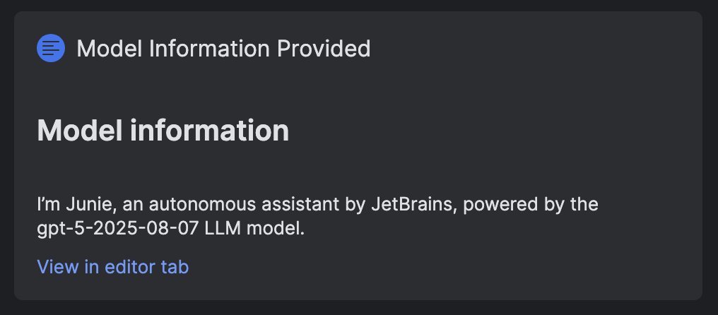 switched <a href="/jetbrains/">JetBrains</a> junie to gpt-5.
the old map of what’s possible is outdated.
best part is seeing updates like this turn skeptics around me into coding agent believers.

throw the hardest problems at junie, find the new edges, good time to invest in experiments.