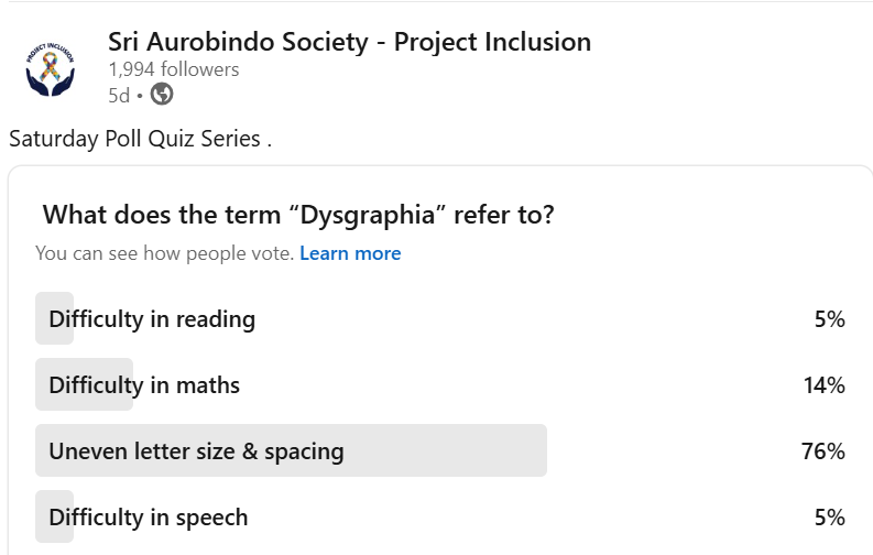 SAS_ProjectInc's tweet image. Poll Series Result

Q: What does “Dysgraphia” refer to?
 A: Difficulty in expressing oneself through writing

Dysgraphia affects writing skills like handwriting &amp;amp; spelling.

Learn more on the Project Inclusion App: bit.ly/Project_Inclus…

#ProjectInclusion #Dysgraphia