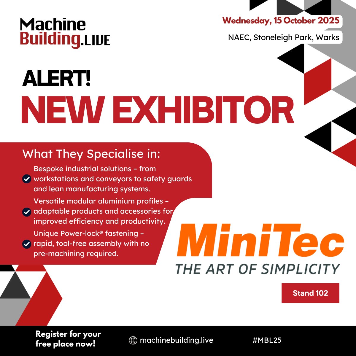 MachineBuilding.net (@machbuild) on Twitter photo We are delighted to welcome <a href="/minitec_uk/">MiniTec UK Ltd</a> to MachineBuildingLive, taking place at the NAEC, Stoneleigh Park on 15 October 2025. Find out more here: bit.ly/3GHdsY7 Free to attend: bit.ly/4kQ9WbU
#MBL25 #engineering #ukmanufacturing We are delighted to welcome <a href="/minitec_uk/">MiniTec UK Ltd</a> to MachineBuildingLive, taking place at the NAEC, Stoneleigh Park on 15 October 2025. Find out more here: bit.ly/3GHdsY7 Free to attend: bit.ly/4kQ9WbU
#MBL25 #engineering #ukmanufacturing