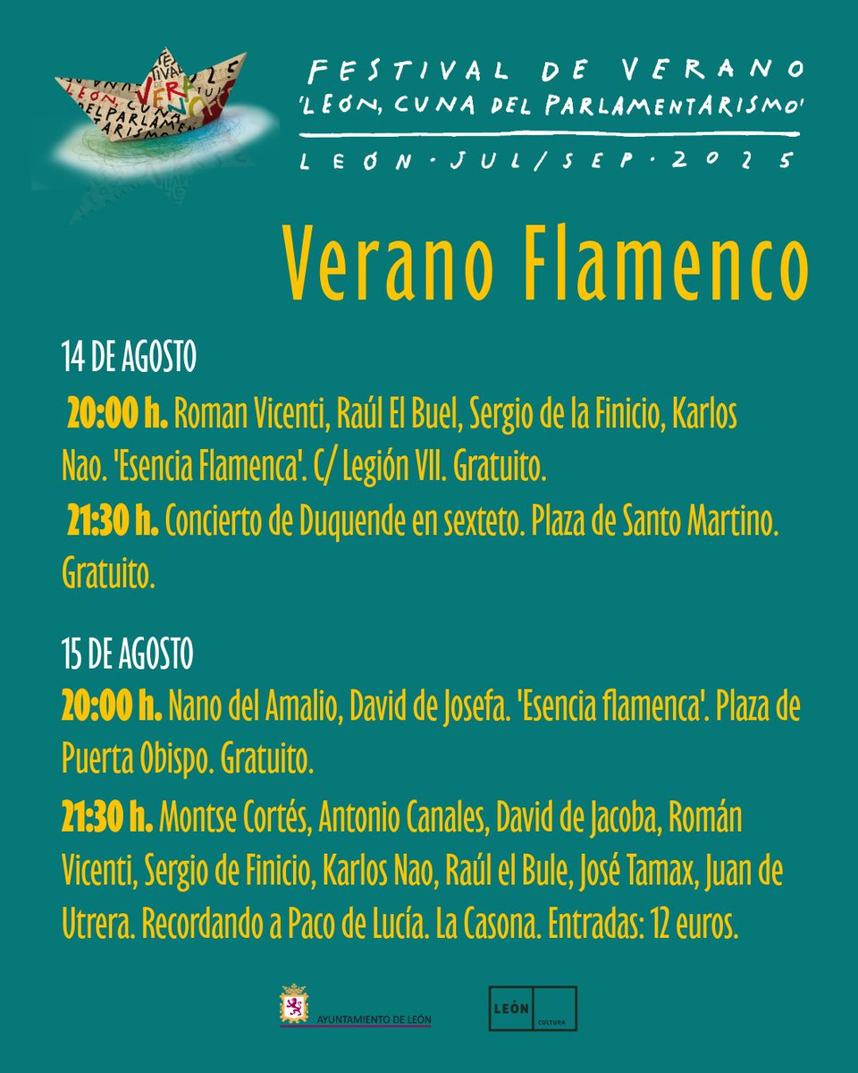 💃🎶 #VeranoFlamenco | El Festival de Verano ‘León, Cuna del Parlamentarismo’ cambia de rumbo y emprende un nuevo ciclo dedicado al flamenco con conciertos de música y danza. 

ℹ️ tinyurl.com/mwepjt7v 

#LeónEsp #LeónEsCultura #FCP2025 <a href="/LeonAyto/">Ayuntamiento de León</a>