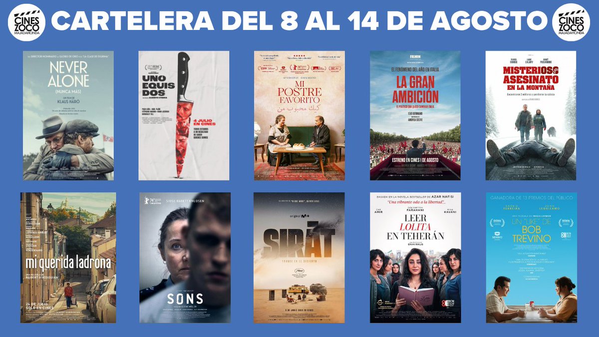 Cartelera Semanal en Cines Zoco - 7 de Agosto
Never Alone
Uno Equis Dos
Mi postre favorito
La gran ambición
Misterioso asesinato en la montaña
Mi querida ladrona
Condenados
Sirât
Leer ‘Lolita’ en Teherán
Un ‘like’ de Bob Trevino
Pitufos
cineszocomajadahonda.org