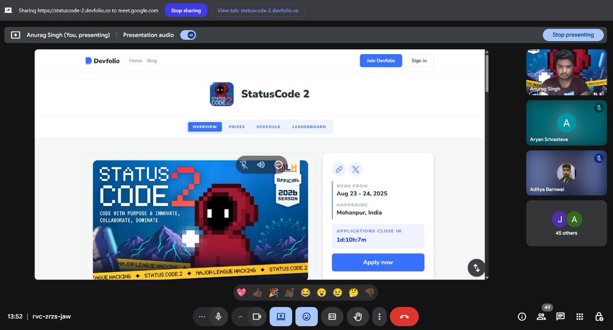itsanurag707's tweet image. Just hosted a quick session on @Status_Code_ 🚀 with my batchmates & juniors!
Shared why this student-led hackathon is a must-join 💡
Walked them through the registration steps, prizes & swags! 🎁
Can’t wait to see everyone join!
#StatusCode2 #iiitkalyani