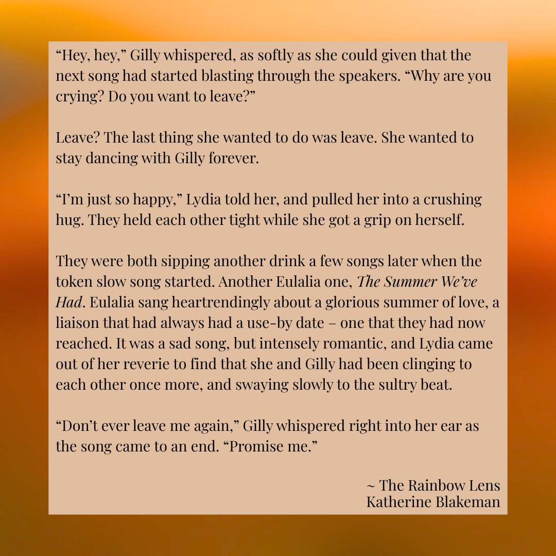 To celebrate The Rainbow Lens being out for a whole week, here is a snippet of one of the more emotional moments. You wouldn't think all these feelings happened at a disco, but here we are. To read the rest of it - and Lydia's response - check it out on the 'Zon and KU today!