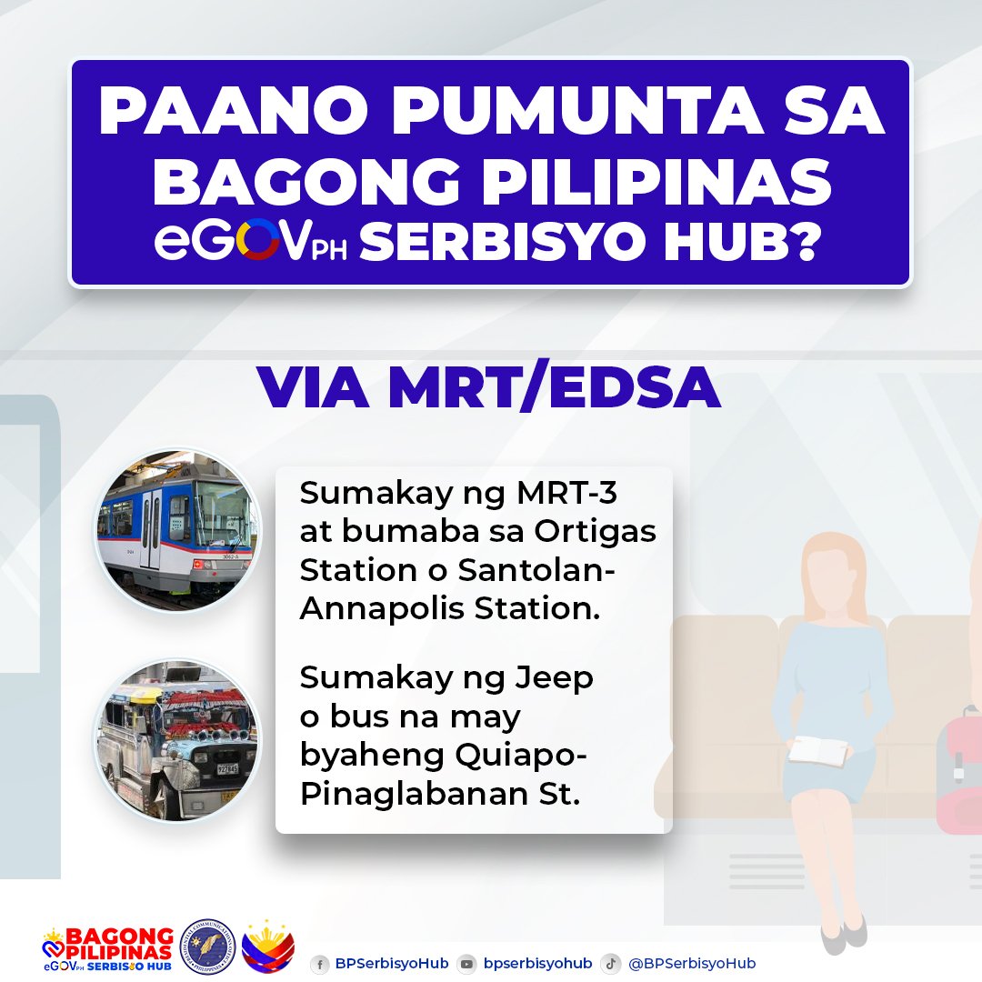 PIADesk's tweet photo. Kung nakapag-rehistro na sa Egovph at mayroon ka nang appointment. Narito ang mga ruta papunta sa Bagong Pilipinas Egovph Serbisyo Hub.
Ingat sa byahe!
#BagongPilipinas #serbisyohub #eGovPH #eGovPHSuperApp #bpesh #IntegratedStateMedia https://t.co/ndNnpnsTVu