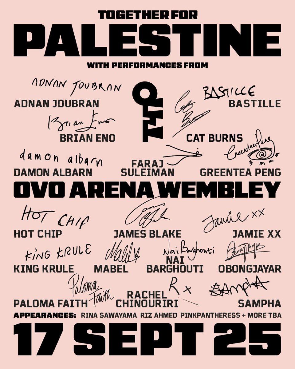 Rachel Chinouriri (@rachelchinourir) on Twitter photo Honoured to be part of Together For Palestine at OVO Arena Wembley on 17th Sept 🕊️
A powerful night of music + unity, raising vital funds for Palestinian-led orgs doing life-saving work.
This matters. Deeply.
100% of ticket proceeds (excl. fees) go straight to <a href="/chooselove/">Choose Love</a> - Honoured to be part of Together For Palestine at OVO Arena Wembley on 17th Sept 🕊️
A powerful night of music + unity, raising vital funds for Palestinian-led orgs doing life-saving work.
This matters. Deeply.
100% of ticket proceeds (excl. fees) go straight to <a href="/chooselove/">Choose Love</a> -