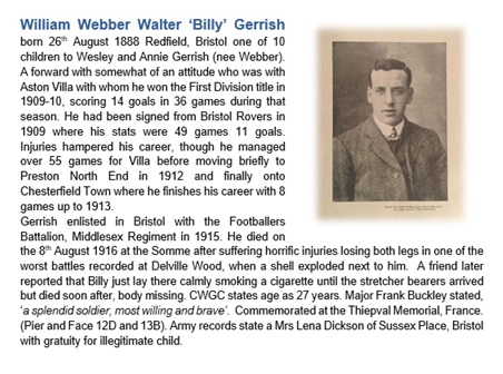 William Webber Walter Gerrish
Middlesex Regiment Footballers Battalion
Killed 8th August 1916
Footballer Bristol Rovers, Aston Villa, Preston NE, Chesterfield