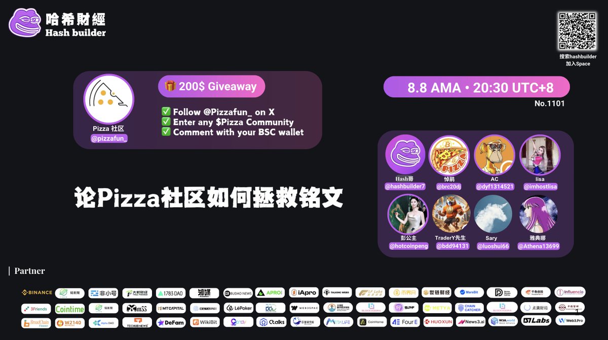 PizzaDailyEn's tweet photo. 🎙️ No.1101 #Hashbuilder: $Pizza community：How to make Brc20 great again

Serious #AMA — We’re giving $20 × 10 winners

✅Follow @pizzafun_
✅Join TG https://t.co/uuUPLUw52e 
❤️Like &amp; comment with your BSC wallet

🎤 https://t.co/c0MLGOE68h https://t.co/1DFn65uwrn
