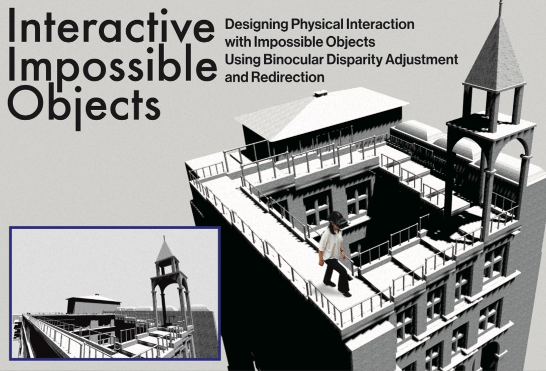 The image features a 3D rendering of an impossible object resembling an Escher-inspired architectural structure, with staircases and walkways defying gravity, set on a building rooftop. A person is seen walking on the structure, blending reality with surreal design. The inset shows a smaller, similar view in black and white, emphasizing the impossible geometry. Text overlays read "Interactive Impossible Objects" and "Designing Physical Interaction with Impossible Objects Using Binocular Disparity Adjustment and Redirection," indicating a VR interaction demo at SIGGRAPH. The post by Ran / Sotaro Yokoi (@Rander_S) describes stepping into an Escher painting via VR, with no platform watermarks visible.