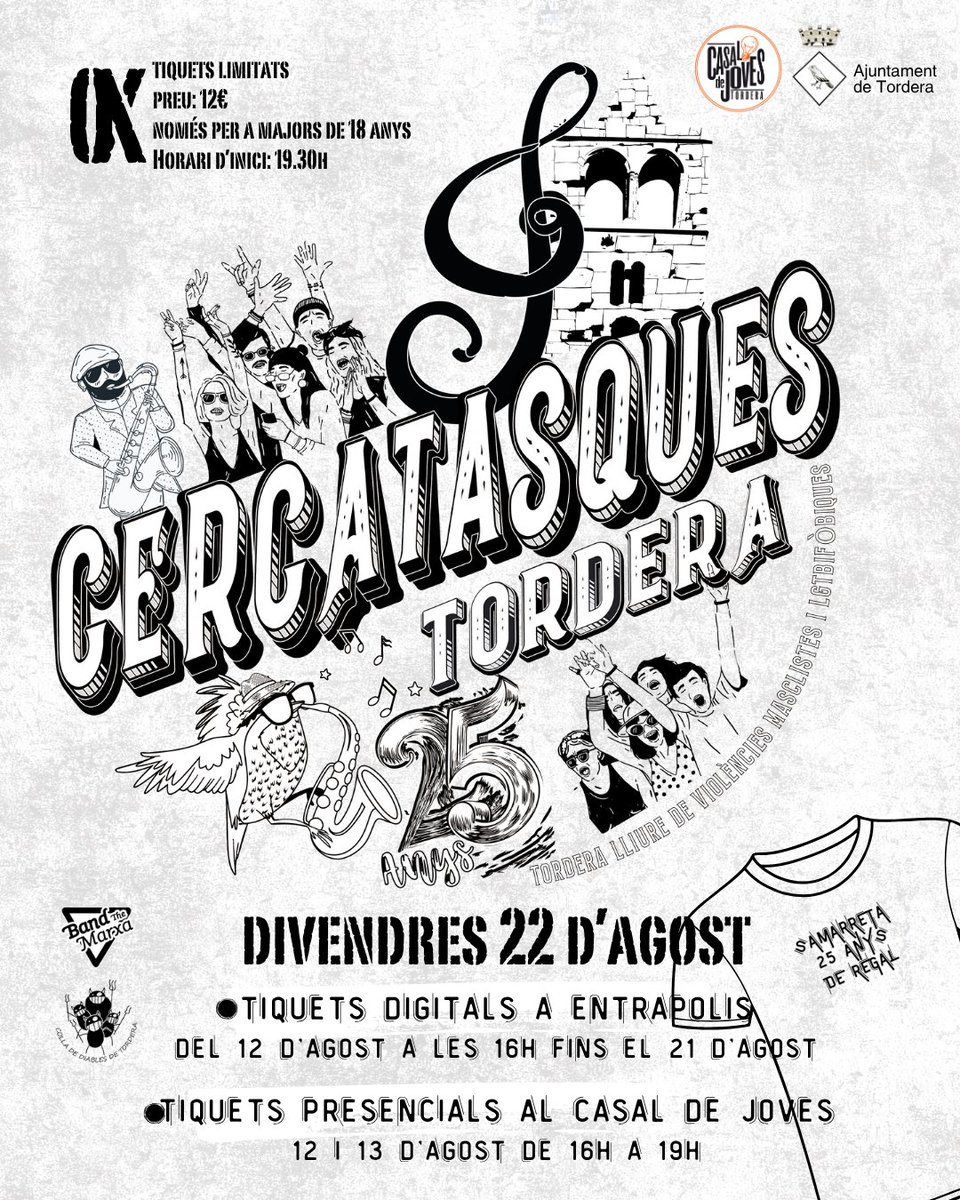 Aj_Tordera's tweet photo. 🎉El proper divendres 22 d'agost, el Cercatasques de Tordera celebrarà els seus 25 anys ben especials! 

🎫A partir del dimarts 12 d'agost s'iniciarà el període de venda dels tiquets en dues modalitats telemàtiques i presencials. 

ℹ️Majors de 18 anys: preu 12€

#FMTordera25 https://t.co/x20q84yiYR
