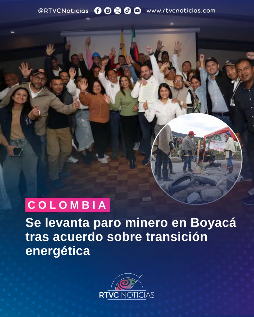 RTVC Noticias (@rtvcnoticias) on Twitter photo ⛏️🤝#Colombia | En la noche de este jueves 7 de agosto, el presidente <a href="/petrogustavo/">Gustavo Petro</a> confirmó el levantamiento del paro minero en Boyacá, luego de que el Gobierno nacional y representantes de la pequeña minería del carbón alcanzaran un acuerdo en torno a la transición energética ⛏️🤝#Colombia | En la noche de este jueves 7 de agosto, el presidente <a href="/petrogustavo/">Gustavo Petro</a> confirmó el levantamiento del paro minero en Boyacá, luego de que el Gobierno nacional y representantes de la pequeña minería del carbón alcanzaran un acuerdo en torno a la transición energética