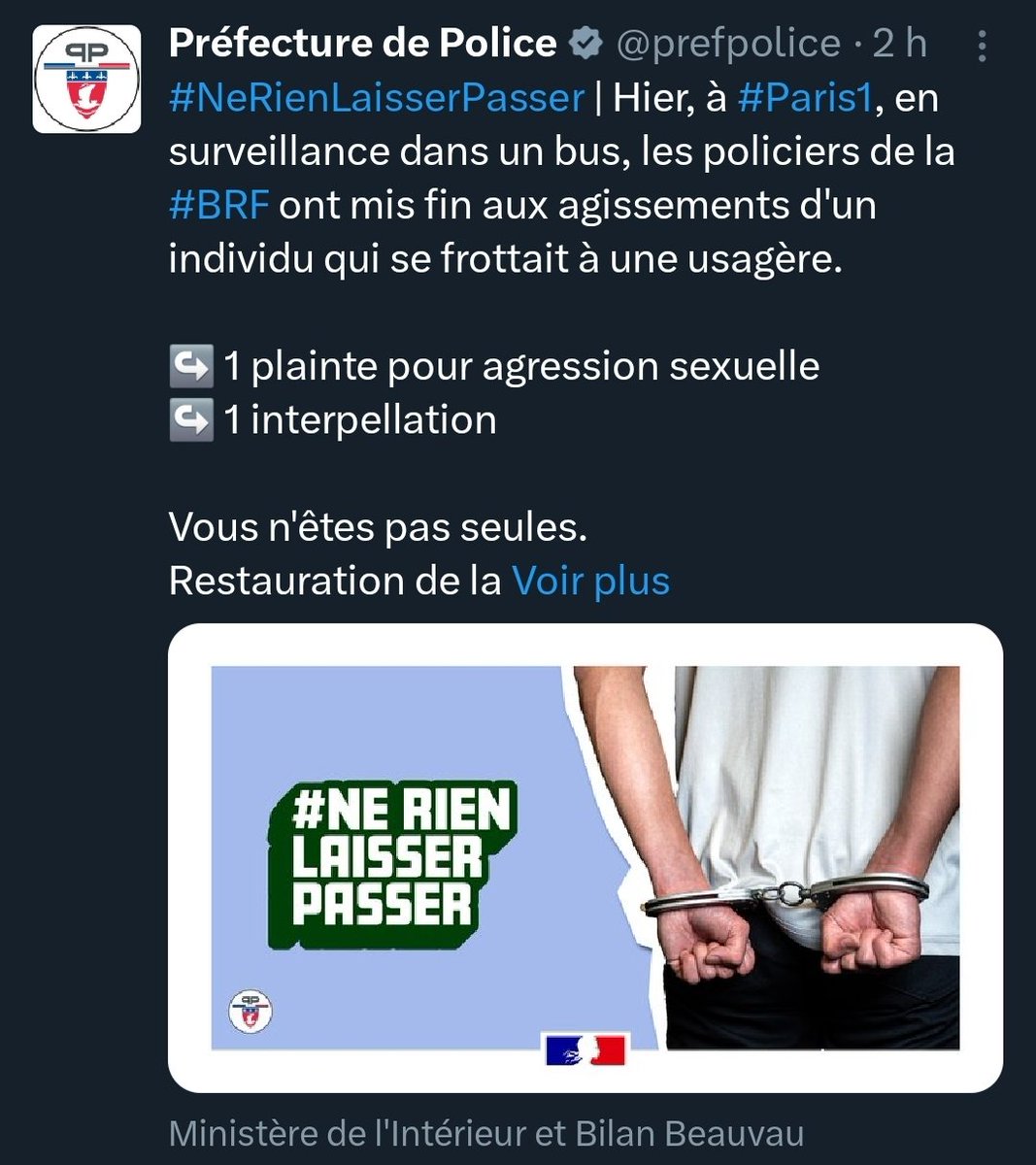 🚨 Après le VISAGE  BLANC pour illustrer les vendeurs à la sauvette, la Préfecture récidive ce matin avec… des bras BLANCS menottés pour parler d’un FROTTEUR dans un bus.

Provocation ? Déconnexion ? Ou simple foutage de gueule ?