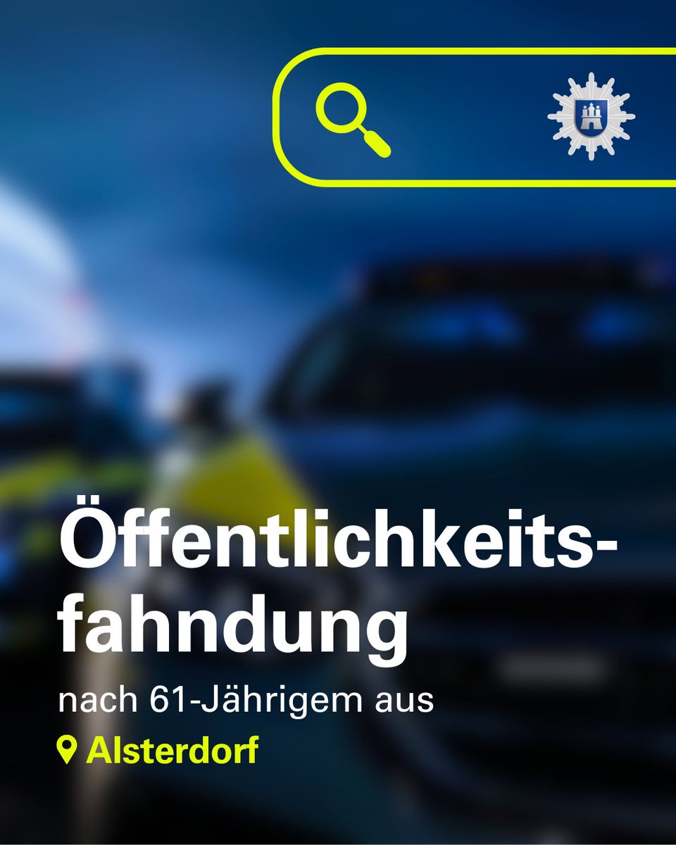 Öffentlichkeitsfahndung nach 61-Jährigem aus #Alsterdorf 🔎

📆 seit 07.08.2025
📍 Alsterdorf, An der Blütenmauer

Mit Hilfe der Veröffentlichung eines Lichtbildes suchen wir öffentlich nach dem 61-Jährigen und bitten um Hinweise aus der Bevölkerung. 

Lichtbild &amp; Details: