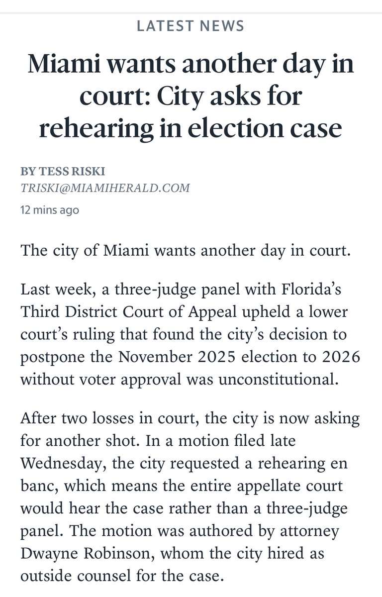 An underhanded attack against voters.

Why is it so hard to vote <a href="/CityofMiami/">City of Miami</a>? Why are they so afraid of #EmilioForMiami?

“The fact that they asked for a rehearing en banc this late is just — it’s kind of underhanded,” [Juan Carlos] Planas said.

<a href="/GovRonDeSantis/">Ron DeSantis</a>
<a href="/AGJamesUthmeier/">Attorney General James Uthmeier</a>