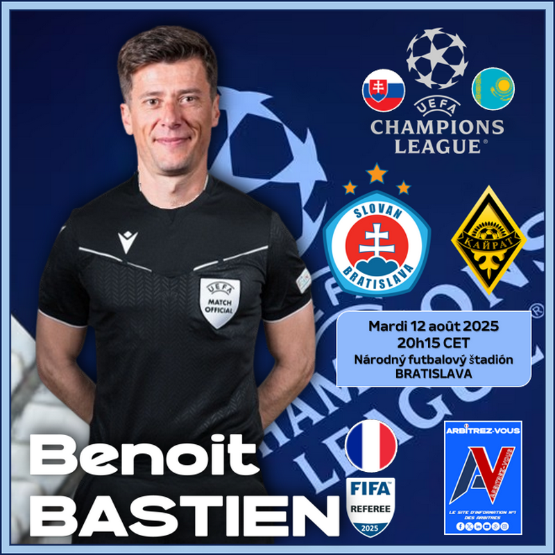 🌍| #UEFA - 🏆 #uefachampionsleague
Benoît BASTIEN 🇫🇷 dirigera ce mardi la rencontre <a href="/SKSlovan/">ŠK Slovan Bratislava</a>  🇸🇰 🆚 <a href="/fckairat_kaz/">«Қайрат» ФК</a>  au Národný futbalový štadión de Bratislava.

<a href="/ChampionsLeague/">UEFA Champions League</a> <a href="/UEFA/">UEFA</a> <a href="/FFF/">FFF</a> <a href="/lequipe/">L'Équipe</a> <a href="/sports_ouest/">Ouest-France Sports</a> <a href="/lavoixdessports/">La Voix des Sports</a> <a href="/deux_zero/">deux-zero.com</a> <a href="/Law5_TheRef/">Law 5 - The Ref</a>
