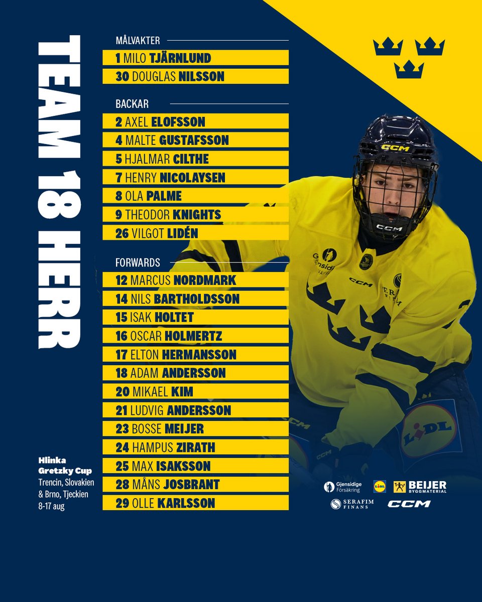 Tre Kronor (@trekronorse) on Twitter photo 📣 Idag presenterar vi truppen till Hlinka Gretzky Cup 🔥
💬 Vi reser med ett lag som ger oss möjligheten att vara med och slåss om segern i turneringen, säger förbundskapten Johan Rosén.
🗞️ Mer information om truppen och spelschemat på brnw.ch/21wULjw 👏 📣 Idag presenterar vi truppen till Hlinka Gretzky Cup 🔥
💬 Vi reser med ett lag som ger oss möjligheten att vara med och slåss om segern i turneringen, säger förbundskapten Johan Rosén.
🗞️ Mer information om truppen och spelschemat på brnw.ch/21wULjw 👏