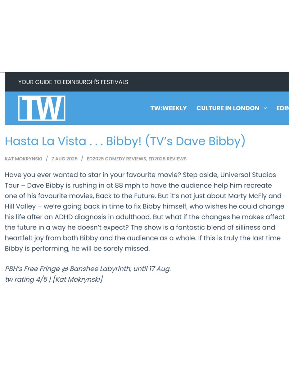 Dave Bibby BA (Hons) (@davebibby) on Twitter photo My audience got FOUR STARS from <a href="/ThreeWeeks/">ThreeWeeks Edinburgh</a>
Well done everyone. Respect for using my full title in the review too.
See you all on set at Banshee Labyrinth @ 3:35pm ⚡️
⭐ ⭐ ⭐ ⭐ #edfringe My audience got FOUR STARS from <a href="/ThreeWeeks/">ThreeWeeks Edinburgh</a>
Well done everyone. Respect for using my full title in the review too.
See you all on set at Banshee Labyrinth @ 3:35pm ⚡️
⭐ ⭐ ⭐ ⭐ #edfringe