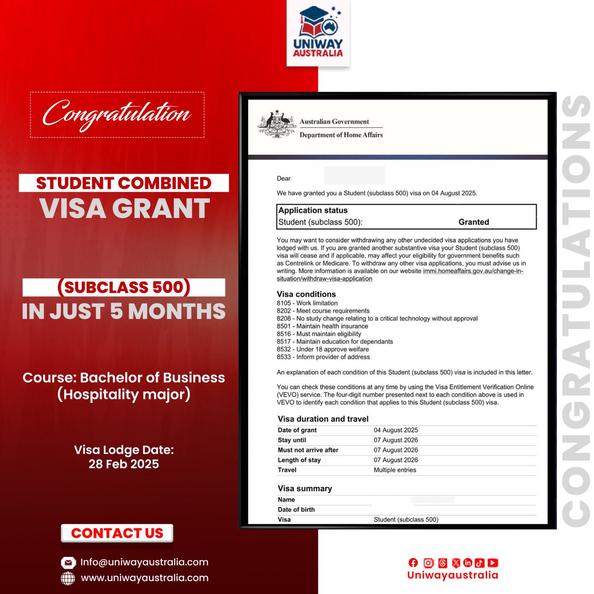 Uniwayaustralia's tweet image. A big congratulations on your Student Visa Grant (Subclass 500) in just 5 months!

uniwayaustralia.com | info@uniwayaustralia.com
WhatsApp Link: wa.me/message/ESNXEN…
Form Link: forms.office.com/r/GMRL06bQKf

#StudentVisaApproved #Subclass500 #StudyInAustralia #HospitalityStudent