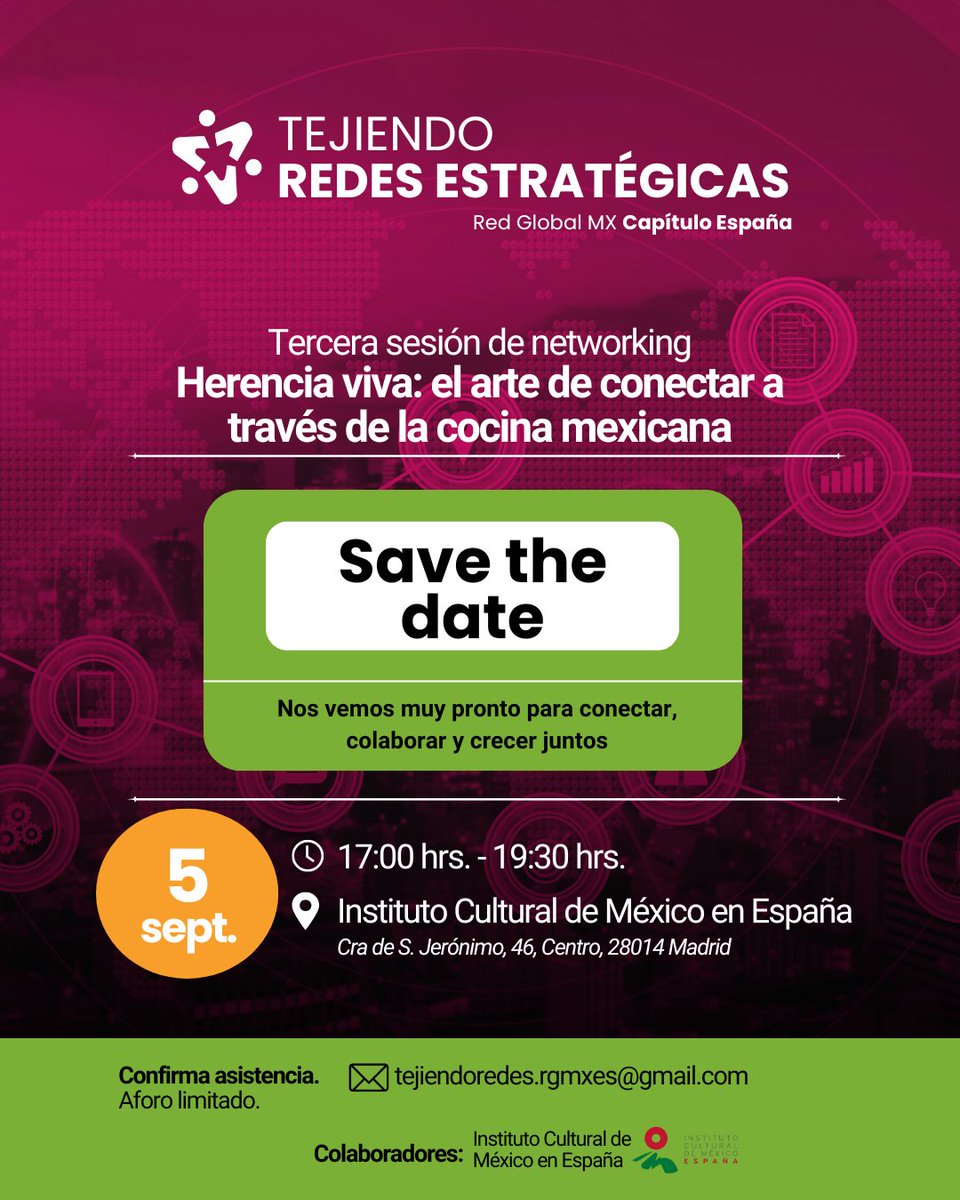 Red Global Mx España (@redglobalmxesp) on Twitter photo Te invitamos a la tercera sesión de networking de la Red Global MX capítulo España, donde compartiremos sabores, historias y estrategias para seguir tejiendo comunidad desde el extranjero.
🎟️ Confirma tu asistencia en:
rgmxespana.es/tejiendo-redes… Te invitamos a la tercera sesión de networking de la Red Global MX capítulo España, donde compartiremos sabores, historias y estrategias para seguir tejiendo comunidad desde el extranjero.
🎟️ Confirma tu asistencia en:
rgmxespana.es/tejiendo-redes…