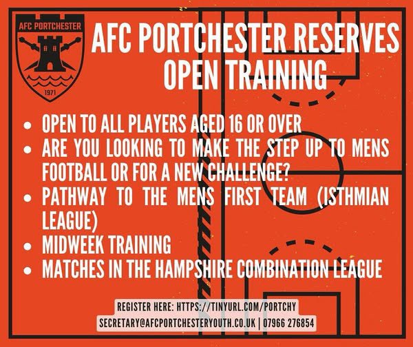 We’re still looking for a few players to join us at AFC Portchester Reserves for the coming season.

An older player who wants to play some football (maybe get into coaching at the same time), or younger players looking to play mens football on a Saturday afternoon.

1/2