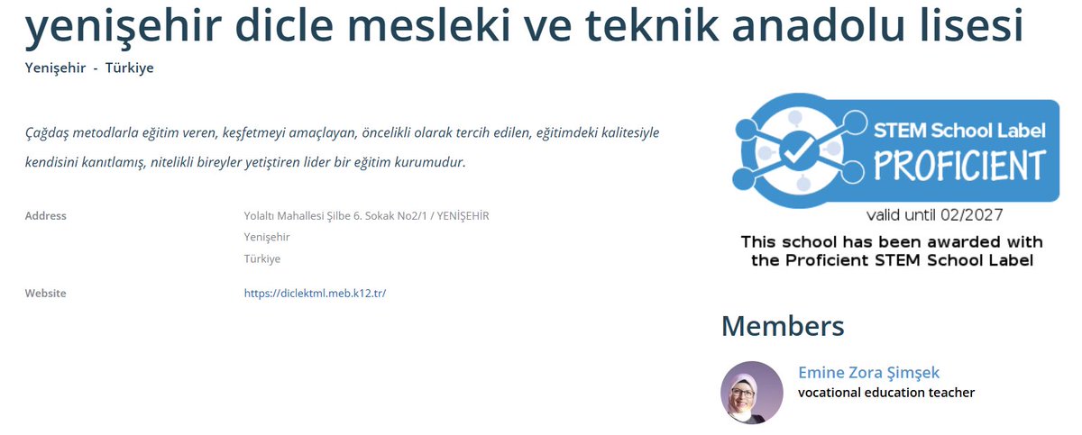 Okulumuz Proficient  seviyesinde STEM Okulu Etiketi almıstır. Çalışmaya destek veren tüm ekibimizi tebrik ederiz 👏👏
<a href="/ScientixTurkiye/">Scientix Türkiye</a> <a href="/scientix_eu/">Scientix</a> <a href="/GurkanBeyaz2/">Gurkan Beyaz</a> <a href="/YenisehirMEM/">Yenişehir İlçe Milli Eğitim Müdürlüğü</a> <a href="/Diyarbakirmem/">Diyarbakır İl Millî Eğitim Müdürlüğü</a> <a href="/STEM_Label/">STEM School Label</a> <a href="/NBS_EduWORLD/">NBS EduWORLD</a>