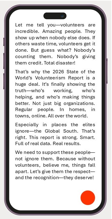 UNV is preparing the State of the World’s Volunteerism Report. These are four versions of an intro.

Which one of them strikes the right tone and makes the strongest case for the report: ⚫️ 🟢 🔵 🔴?

Please vote in the survey below 👇