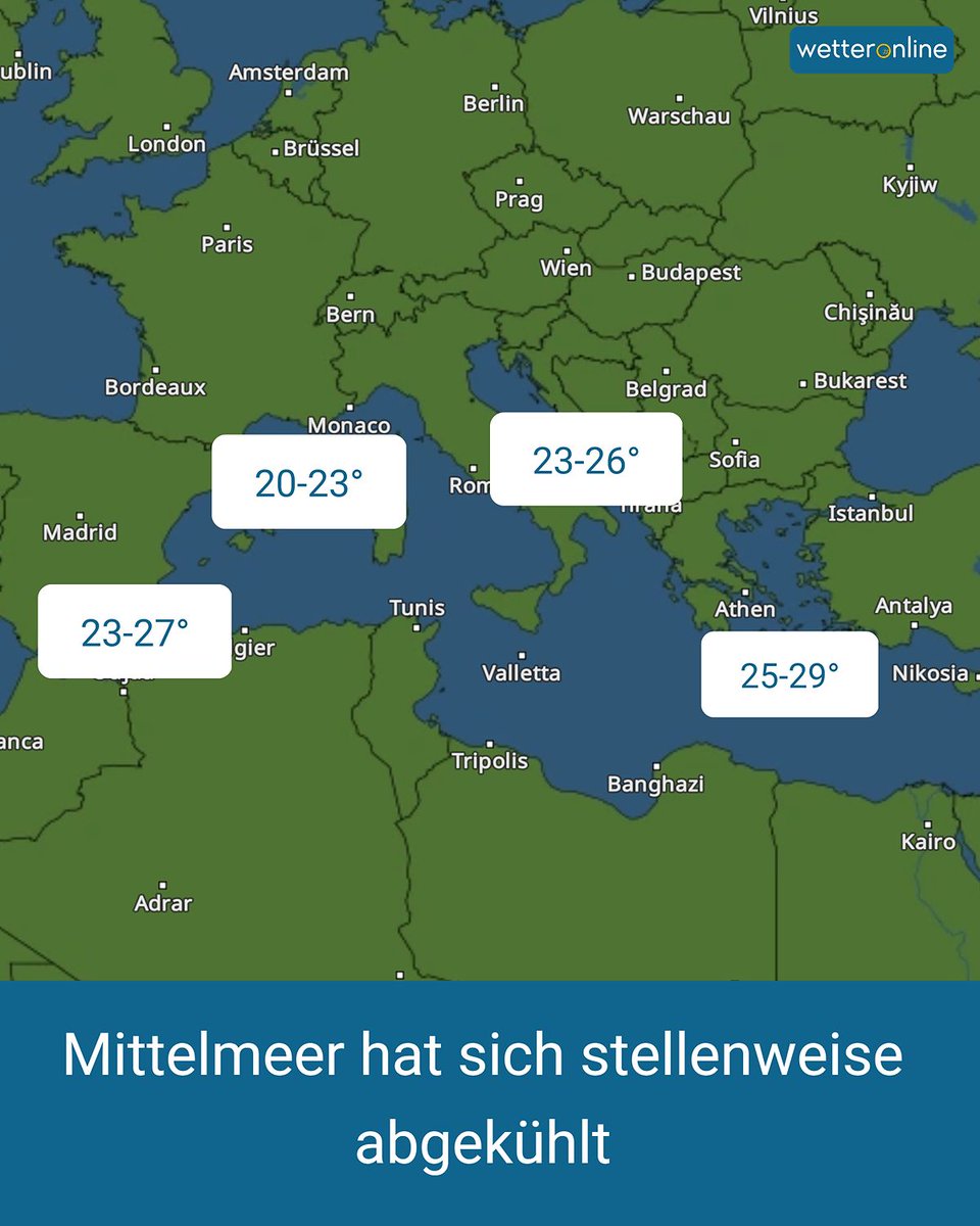 WetterOnline's tweet photo. In einigen Bereichen ist das Mittelmeer zum Baden 👙 ziemlich frisch geworden. Etwa in Südfrankreich oder an der Adria wurde das warme Oberflächenwasser durch starken Wind 🌬️ von der Küste weggedrückt. 🌊
👉 https://t.co/PN2HYdOQyr
#Mittelmeer #Wind #Wassertemperatur https://t.co/QpU0oJzrPp