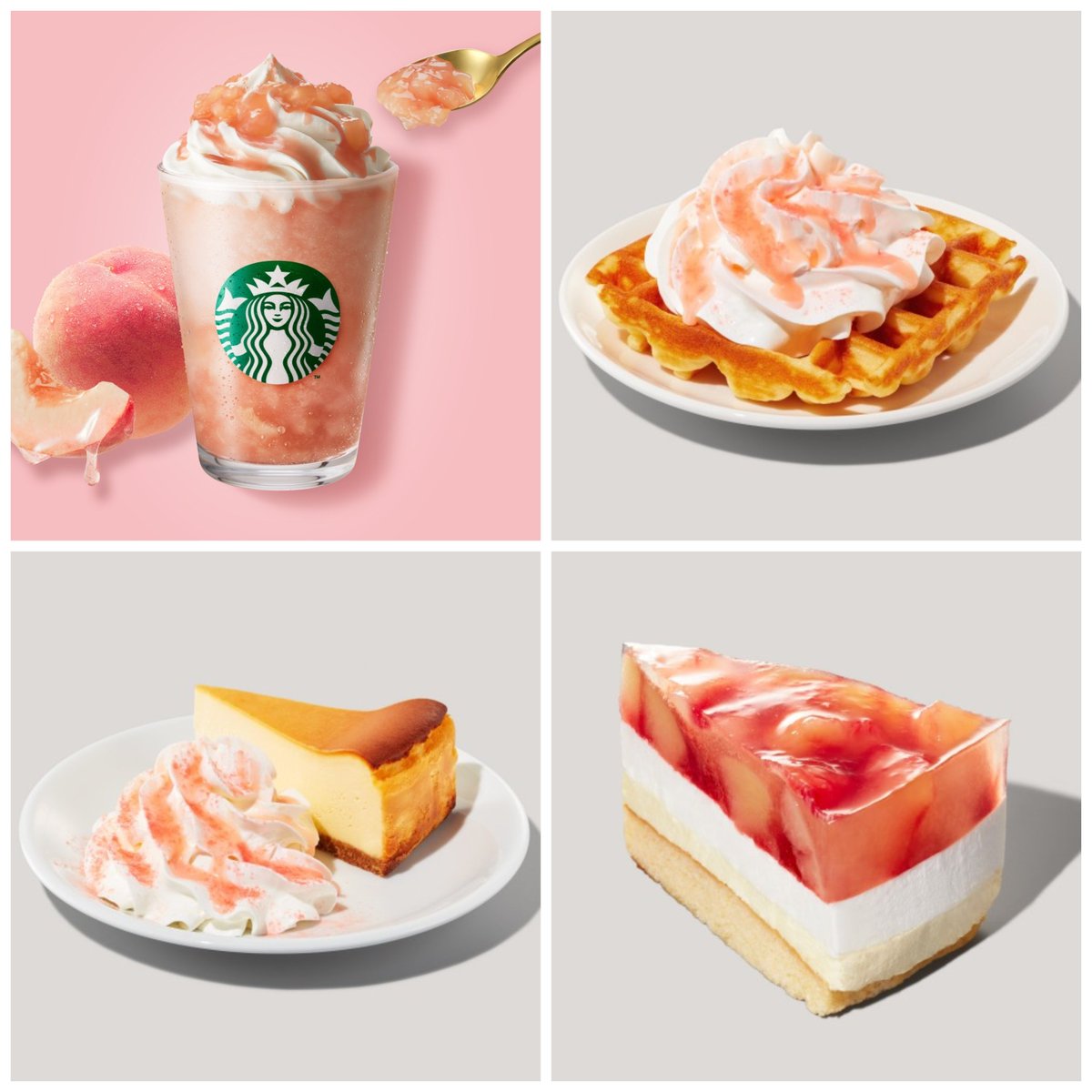 #Moreヘブンリーピーチフラペチーノ  790円
 #ヘブンリーピーチアメリカンワッフル 370円
 #ヘブンリーピーチニューヨークチーズケーキ 565円
 #ピーチミルクケーキ 580円
全部食べたら2305円🍑✨
 #スタバ新作 🍑