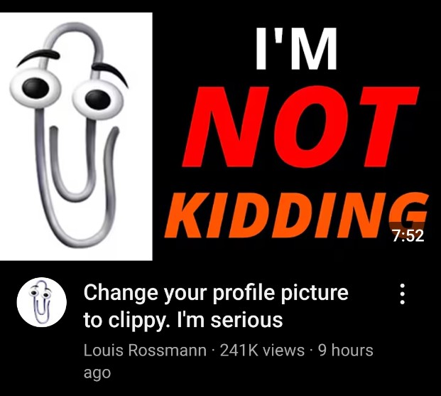 Axosaurus's tweet image. If y'all hate these big companies selling your data and not respecting your other rights, then join the protest by changing your pfps to clippy, NOWWW!!

(link to the vid for explanation)
youtu.be/2_Dtmpe9qaQ