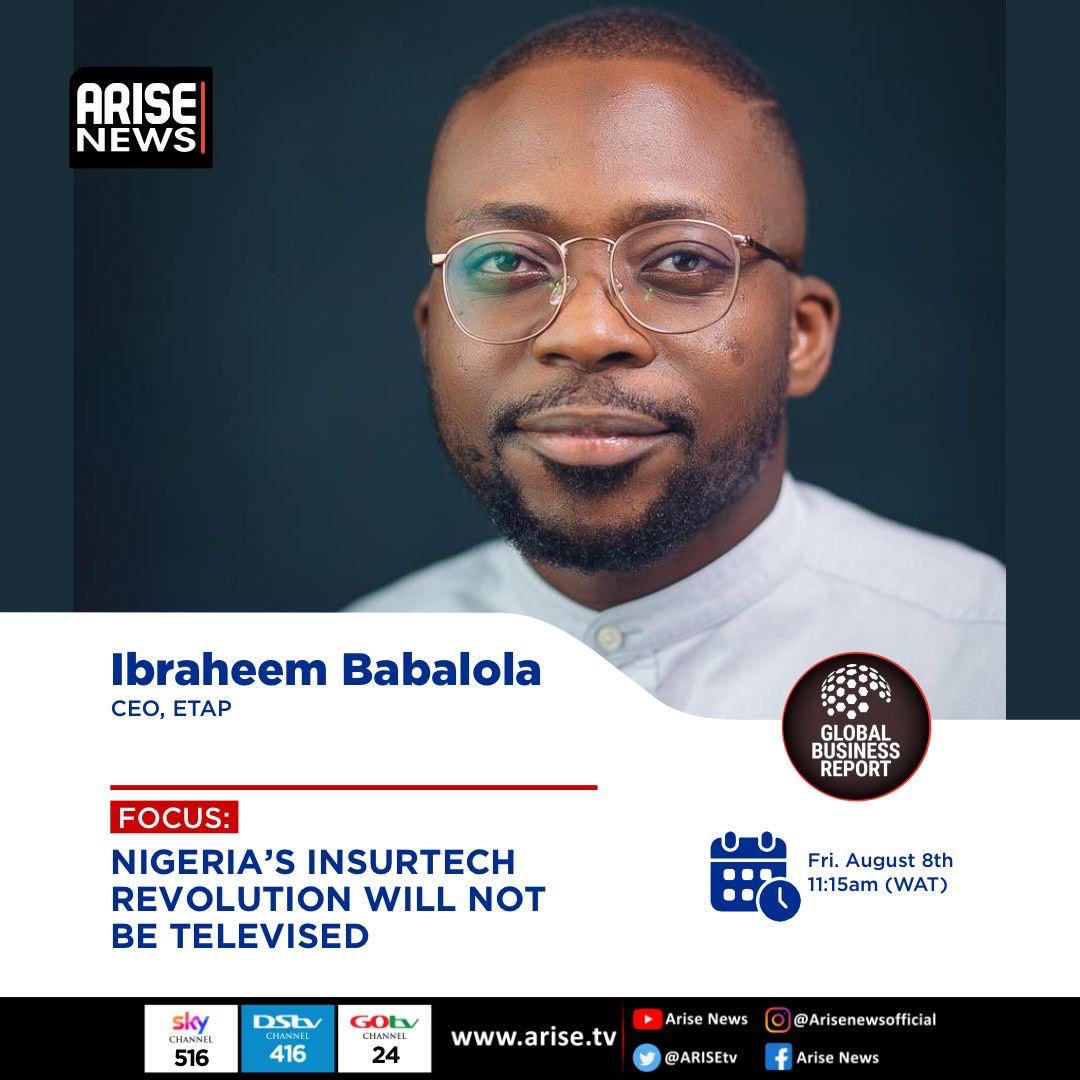 Rotus (@rotankwot) on Twitter photo <a href="/IBBabalola/">Ibraheem Babalola</a> of <a href="/ETAPinsure/">ETAP</a> joins us on <a href="/ARISEtv/">ARISE NEWS</a> at 11:15am to discuss new regulatory guidelines for Insurance Technology firms in Nigeria 🇳🇬 <a href="/IBBabalola/">Ibraheem Babalola</a> of <a href="/ETAPinsure/">ETAP</a> joins us on <a href="/ARISEtv/">ARISE NEWS</a> at 11:15am to discuss new regulatory guidelines for Insurance Technology firms in Nigeria 🇳🇬