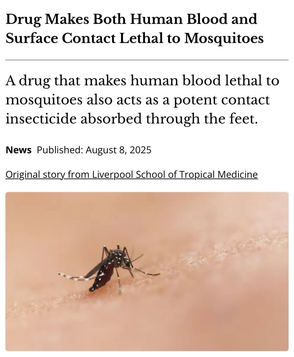 Drug Makes Both Human Blood and Surface Contact Lethal to Mosquitoes

A drug that makes human blood lethal to mosquitoes also acts as a potent contact insecticide absorbed through the feet.

A new study led by Liverpool School of Tropical Medicine shows that mosquitoes are killed