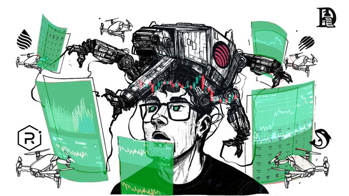 一个机械头部人物被交易图表和无人机包围，象征Jupiter Exchange对去中心化交易的创新方法