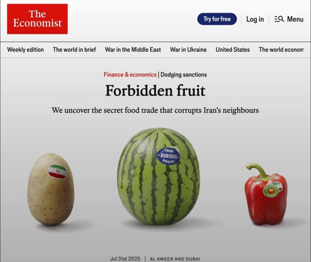 Last week, The Economist said Iran was "corrupting" its Arab neighbours through the export of fruits &amp; vegetables. 

This week, the Economist is kindly inviting Israel to politely investigate itself for what most of the world now calls a genocide. 

Self-parody, in print: