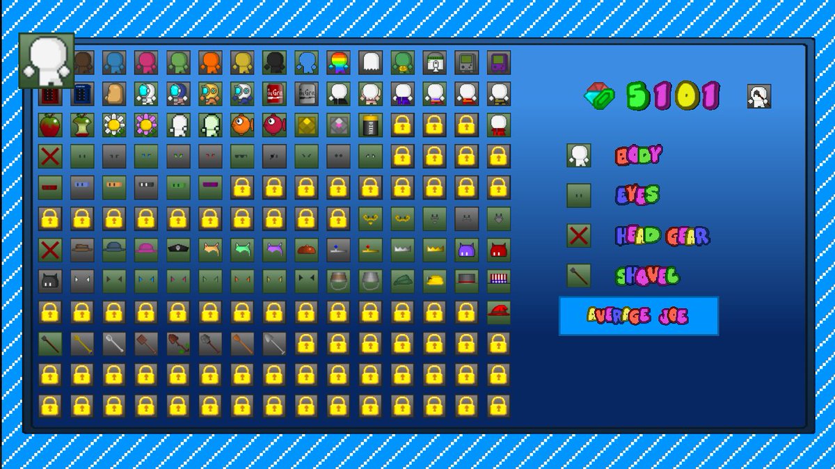 Currently working my way through the cosmetics page in Shovelware, a Mr Driller inspired game.
#gamedev #indiegame #IndieGameDev #indiedev
