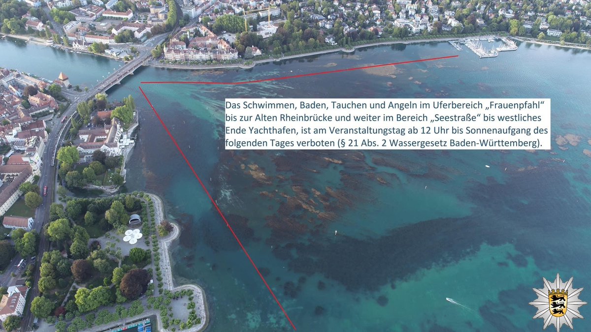 PolizeiKonstanz's tweet photo. 🎇 Seenachtfest 2025

🚫Schwimmen verboten: Frauenpfahl – Alte Rheinbrücke &amp; Seestraße

 📅 Sa. 12:00 – So. Sonnenaufgang
 SUPs in gekennzeichneten Zonen (20–24 Uhr)
 Fahrt erst 15 Min. nach Feuerwerk wieder erlaubt
 Weißes Rundumlicht = Pflicht
 Max. 10 km/h westl. Seezeichen 10 https://t.co/2VAYcZ71TB
