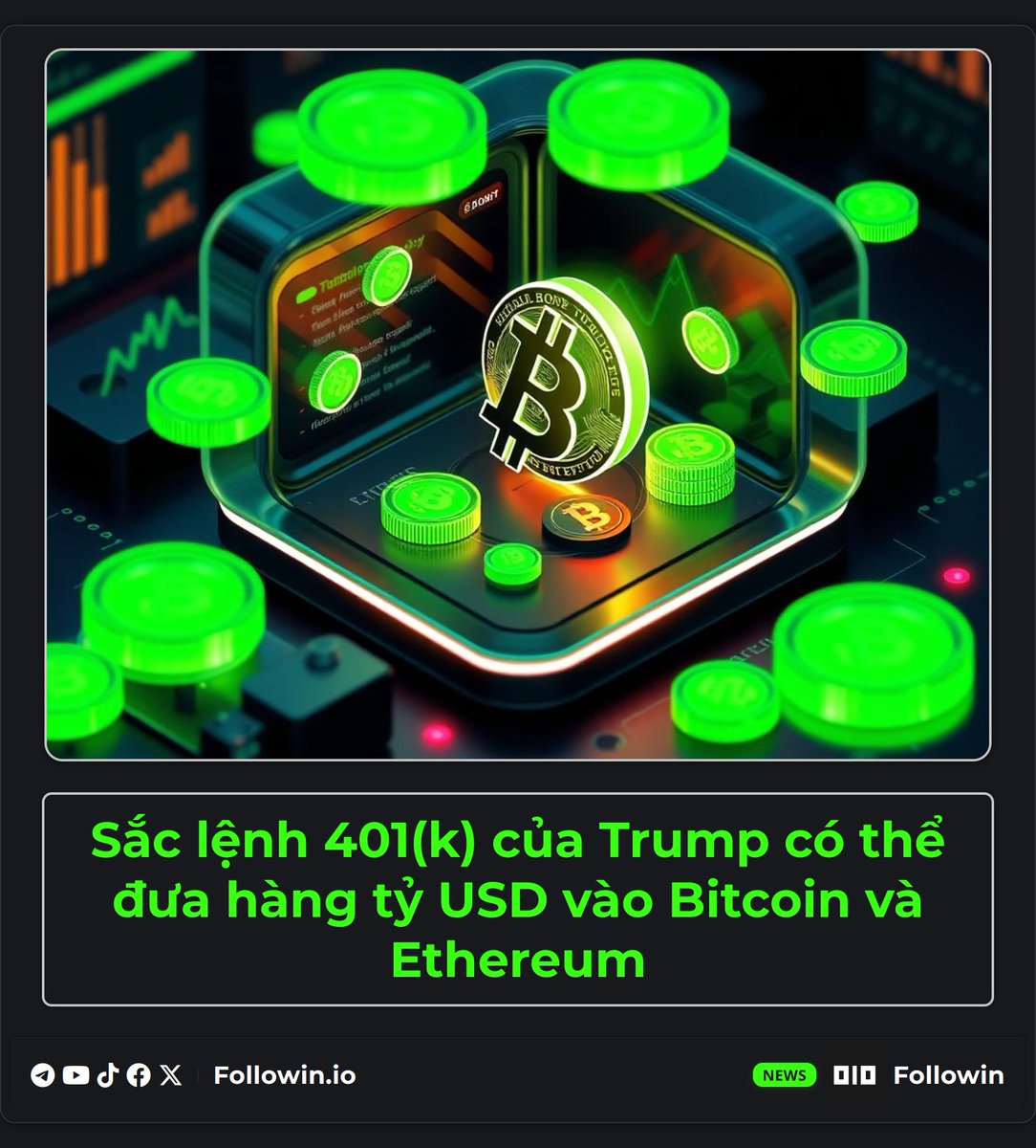 Tổng thống Trump dự kiến ký sắc lệnh cho phép thêm tài sản mã hóa vào 401(k), mang đến cơ hội thu hút hàng trăm tỷ USD vào thị trường này. Chuyên gia Tom Dunleavy dự báo 5% của mỗi khoản đầu tư chuyển vào tài sản mã hóa có thể tạo ra dòng vốn khổng lồ. Sau