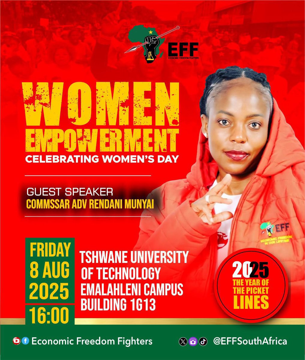 ♦️Happening Today♦️

EFF Central Command Team Member, Commissar Rendani Munyai, will address the Women Empowerment event in commemoration of Women’s Day today at 16:00 at the Tshwane University of Technology, Emalahleni Campus.

#EFFWomensDay