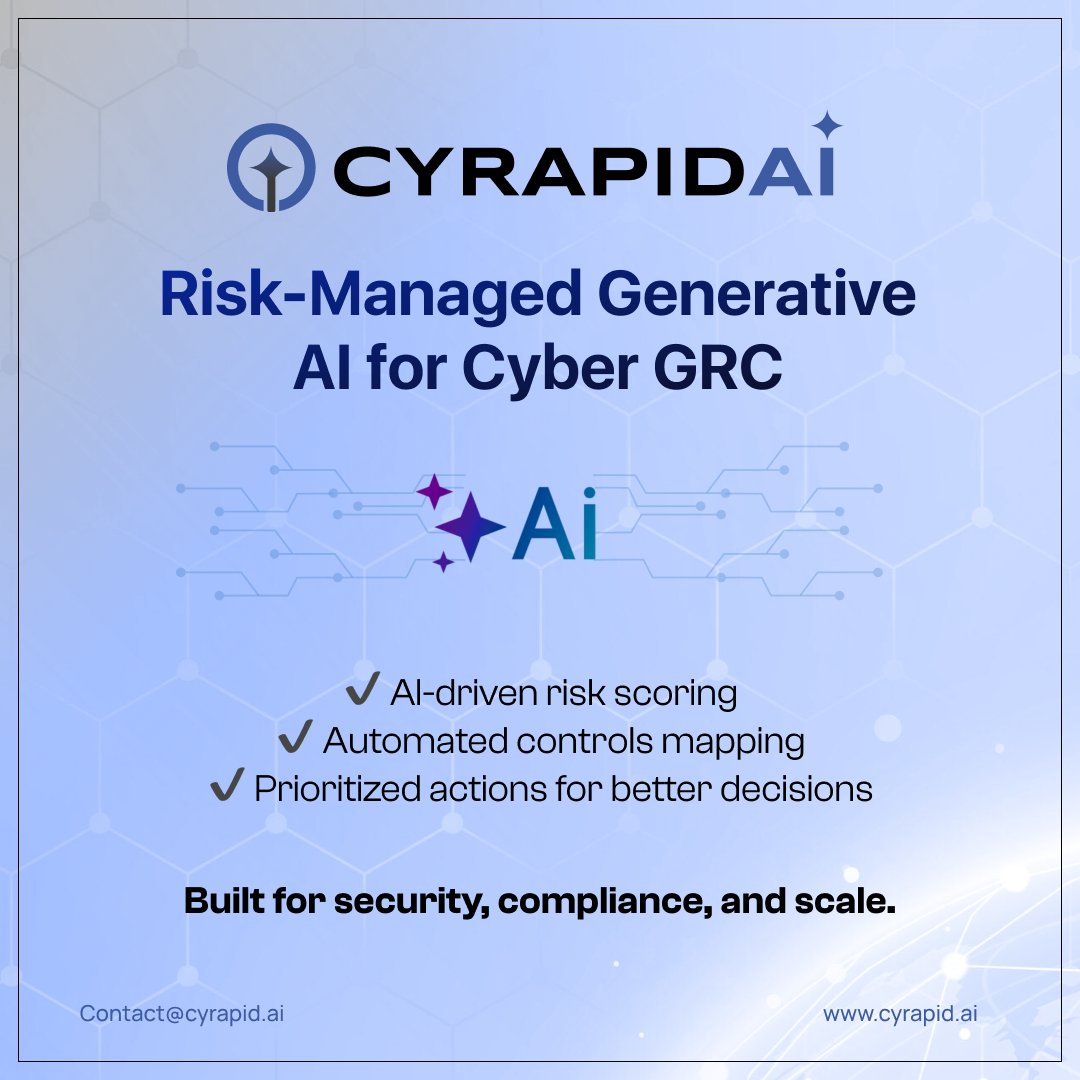 CYRAPID_GenAI's tweet image. Risk-managed GenAI for cyber GRC.
CYRAPID AI powers risk scoring, control mapping &amp;amp; prioritized actions—securely.

👉 cyrapid.ai

#CyberRisk #GenerativeAI #CISO #RiskManagement #CYRAPIDAI