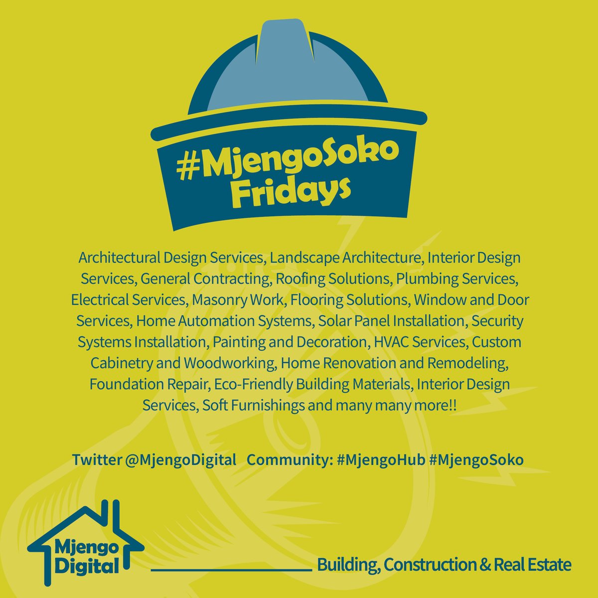 It’s another exciting #MjengoSoko Friday!

Showcase your services, skills, or products with full details on Mjengo Digital Hub on Twitter. Don’t miss this chance to connect, promote, and grow your brand within the built environment community!