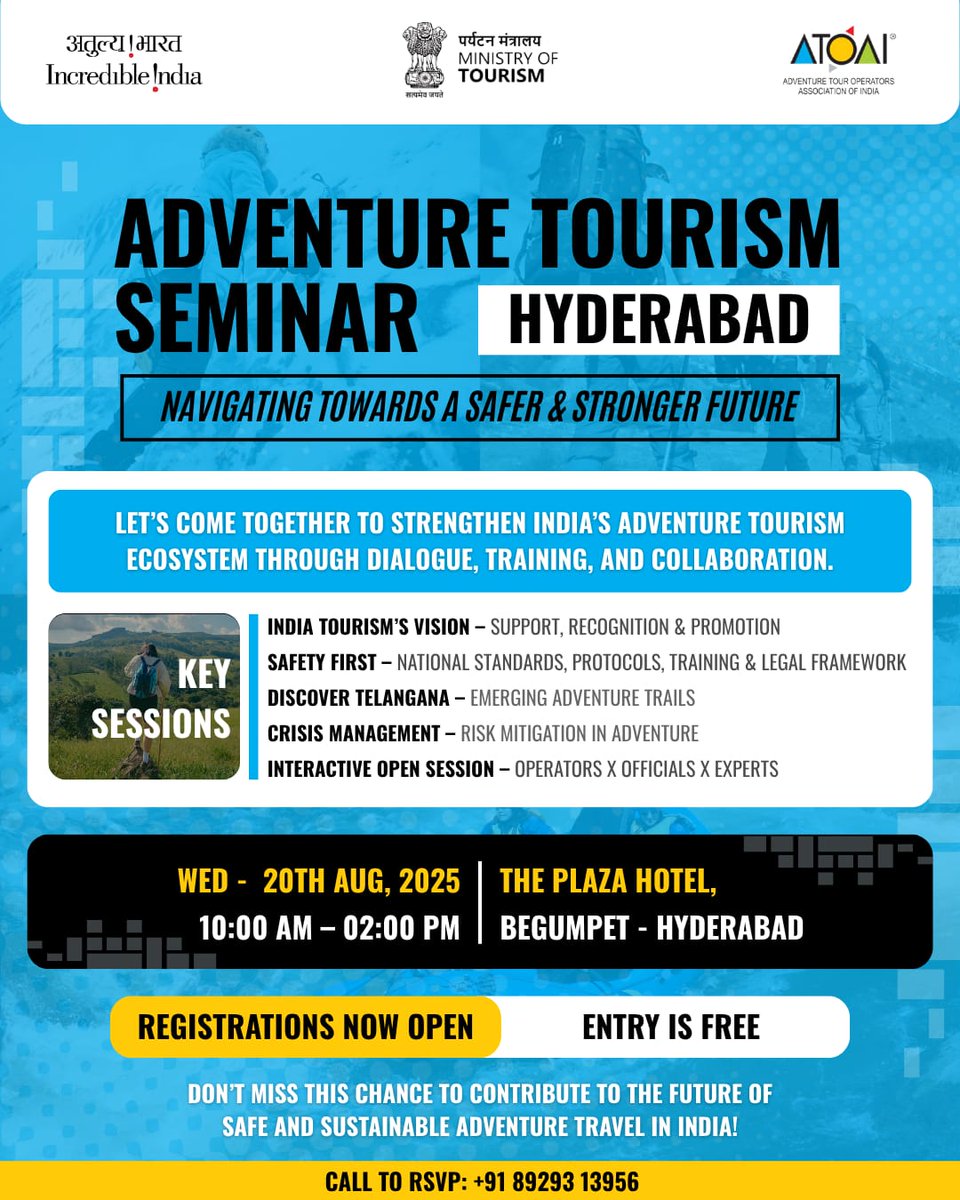 Shaping the future of adventure tourism in India — join industry leaders, operators &amp; officials in Hyderabad for dialogue, training &amp; collaboration. 

Let’s build a safer, stronger adventure ecosystem.

🔗 Register for free: forms.gle/TYEmiTL3LdGhBm… 

#ATOAIexplore