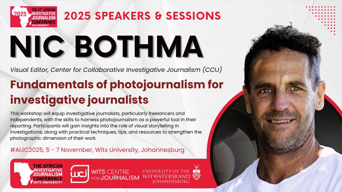 African Investigative Journalism Conference (@aijc_conference) on Twitter photo We're pleased to welcome visual editor at <a href="/the_ccij/">Center for Collaborative Investigative Journalism</a> Nic Bothma to the #AIJC2025 speaker lineup! Keep an eye out for confirmed speakers and sessions over the coming weeks as the programme takes shape.
Early bird tickets available here until 10 Aug 👉 t.ly/8C3-Z We're pleased to welcome visual editor at <a href="/the_ccij/">Center for Collaborative Investigative Journalism</a> Nic Bothma to the #AIJC2025 speaker lineup! Keep an eye out for confirmed speakers and sessions over the coming weeks as the programme takes shape.
Early bird tickets available here until 10 Aug 👉 t.ly/8C3-Z