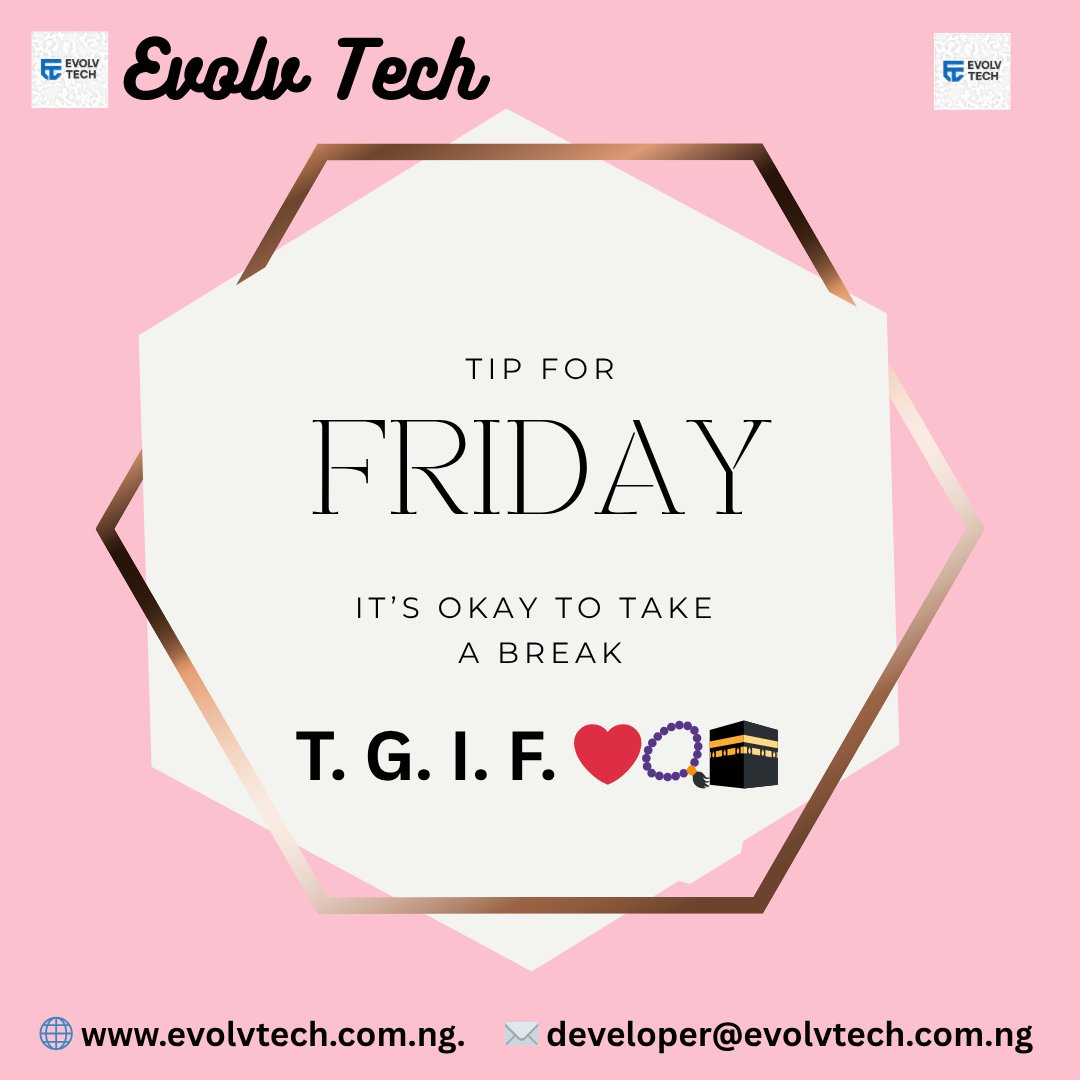 tech_evolv's tweet image. "Happy Friday, everyone! It's okay to step away from your work and recharge. A little break can do wonders for your productivity and well-being. Have a fantastic weekend! ❤️🕋 #FridayMotivation #WorkLifeBalance #SelfCare #TGIF #EvolvTech"
