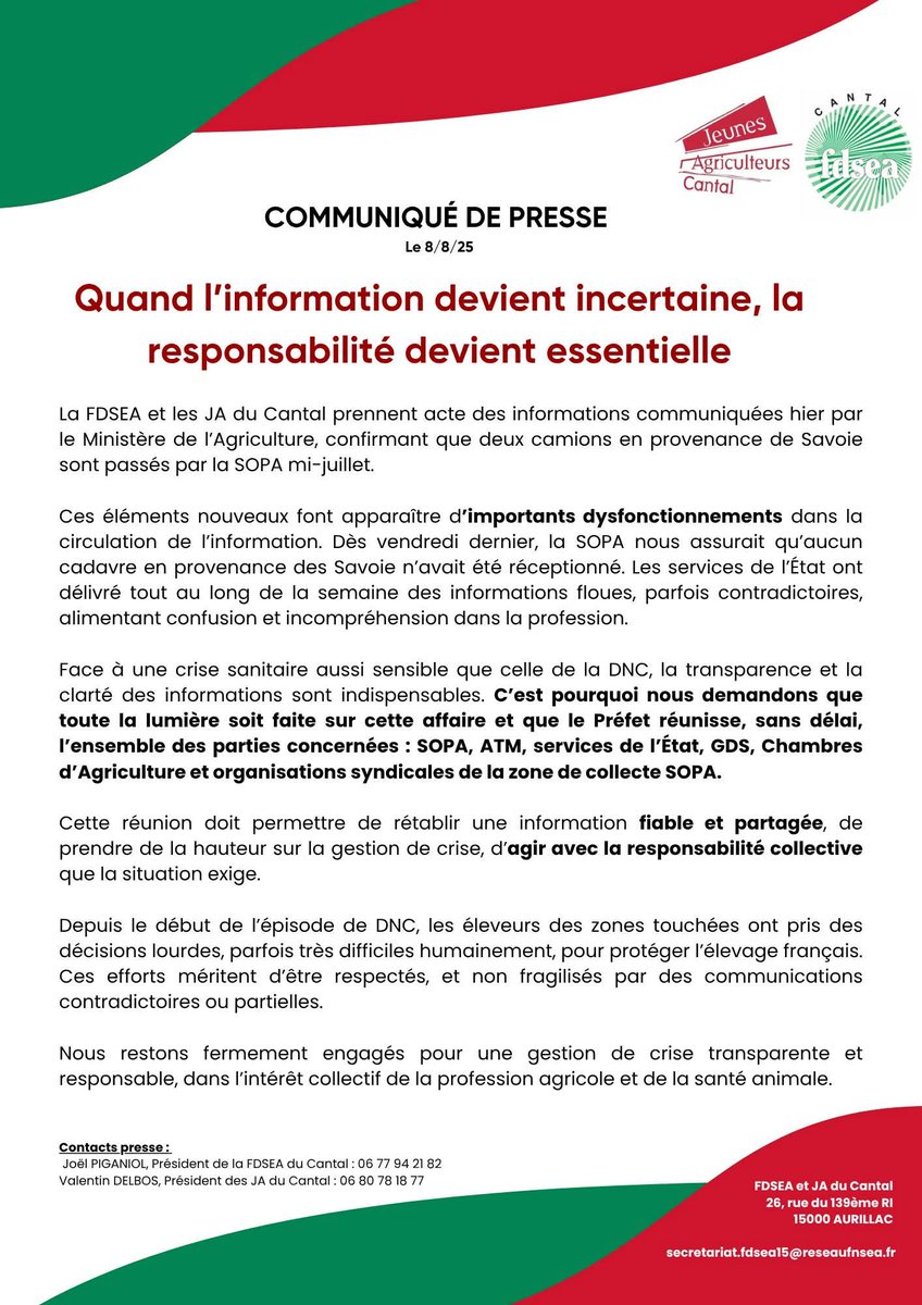 J attends des excuses de la fdsea du cantal et du journal lunion du cantal pour m avoir traîner dans la boue injustement. Le petit lanceur d alerte que je suis avais raison depuis le début. J espère que beaucoup auront compris que nous pouvons pas leur faire confiance!