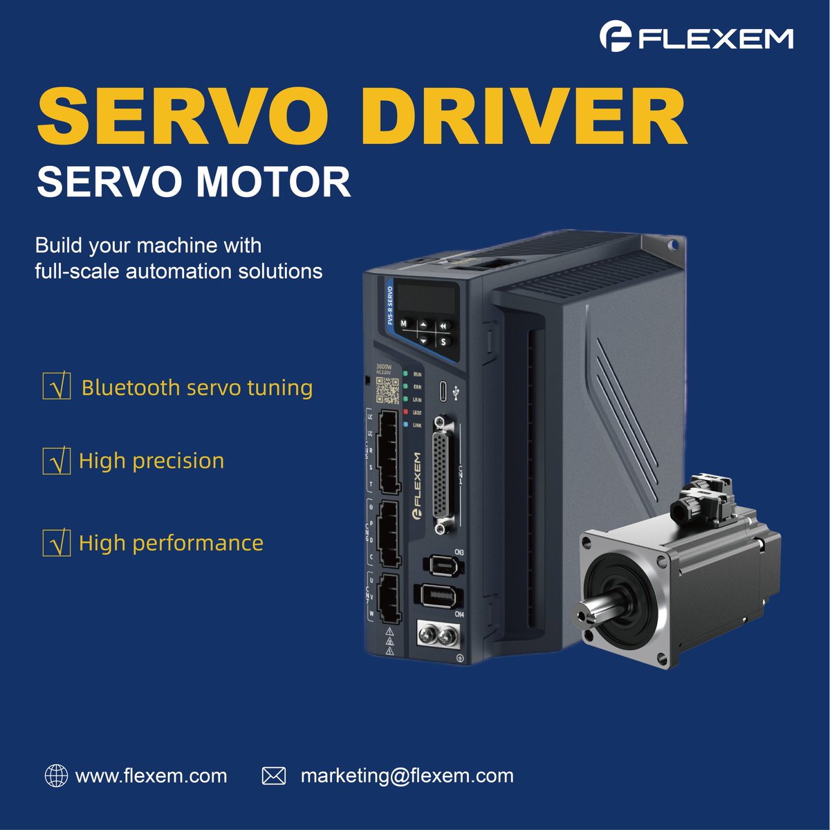 FlexemTech's tweet image. Fast. Precise. Smart. Reliable.
Flexem Servo Drives deliver 3.5kHz bandwidth, ±10 arcsec accuracy, 250μs sync cycle, and wireless mobile debugging.
Built for high-speed, high-precision control.
📩 info@flexem.com | 🌐 flexem.com
#ServoDrive #MotionControl #Automation